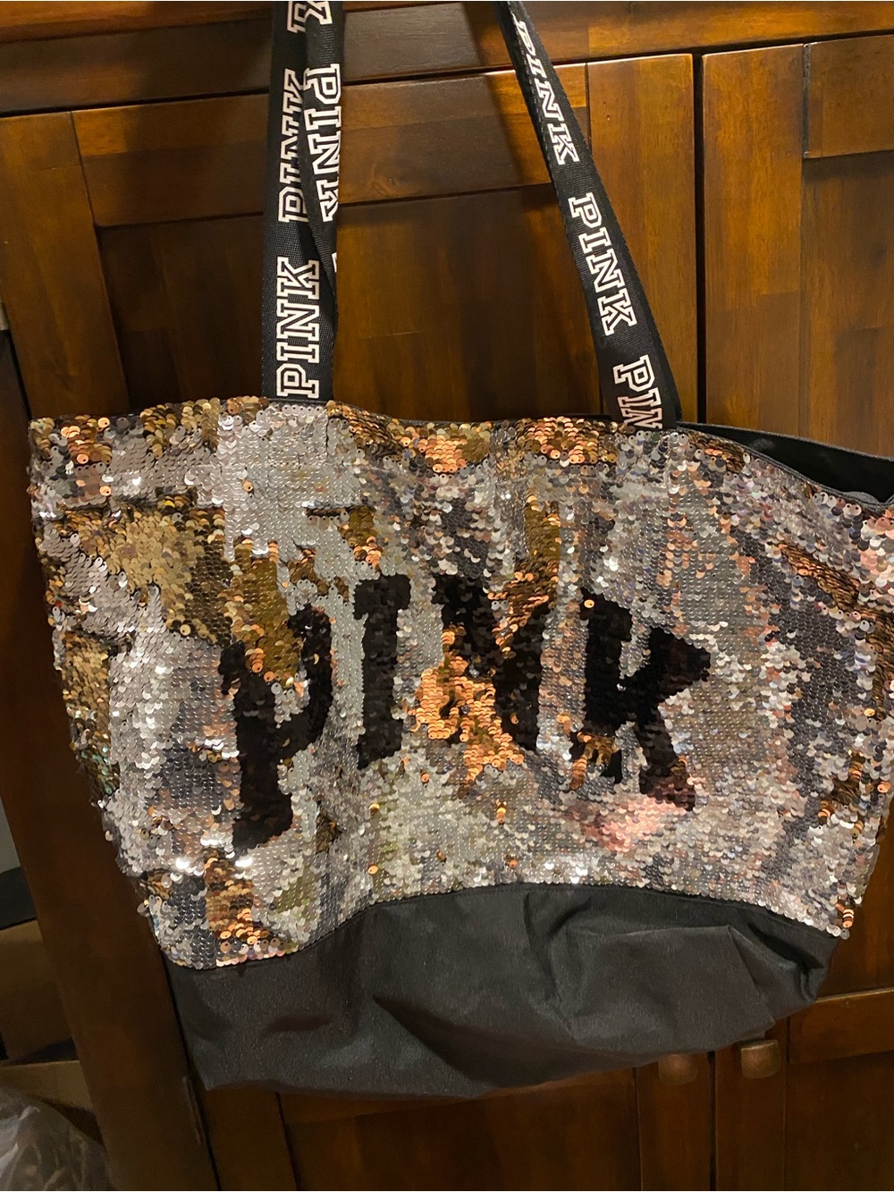 PINK Victoria's Secret Reversible Sequin Tote in Copper, Silver & Black